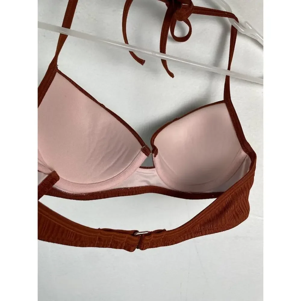 Shade & Shore Copper Bikini Top Swimsuit Fixed Cup Halter Tie Satin Top 32B